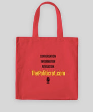 Load image into Gallery viewer, The Politicrat Daily Podcast medium midweight 100% red cotton canvas tote bag
