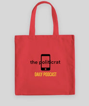Load image into Gallery viewer, The Politicrat Daily Podcast medium midweight 100% red cotton canvas tote bag