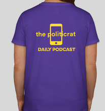 Load image into Gallery viewer, This purple The Politicrat Vote Early! Hanes 100% preshrunk cotton tagless t-shirt for women will have you looking great and sending an important message about the need to vote early this election year. Look sharp and colorful and VOTE EARLY! Purple with yellow print and logo on the back. Available in Large and Medium.