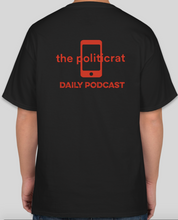 Load image into Gallery viewer, This black The Politicrat Vote Early! Hanes 100% preshrunk cotton tagless unisex t-shirt will have you looking great and sending an important message about the need to vote early this election year. Look sharp and colorful and VOTE EARLY! Black with red print and logo on the back. Available in Large and XL.