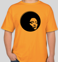 Load image into Gallery viewer, The Politicrat Daily Podcast Afro Black Woman unisex t-shirt in gold