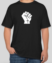 Load image into Gallery viewer, The Politicrat Daily Podcast White fist unisex t-shirt in black