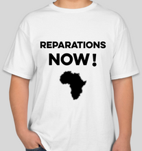 Load image into Gallery viewer, The Politicrat Daily Podcast Reparations Now! white unisex t-shirt