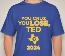Load image into Gallery viewer, The Politicrat Daily Podcast Cruz Lose blue bell unisex t-shirt