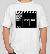 Load image into Gallery viewer, The Popcorn Reel Film Series clapperboard/film slate white t-shirt