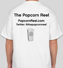 Load image into Gallery viewer, The Popcorn Reel Film Series clapperboard/film slate white t-shirt