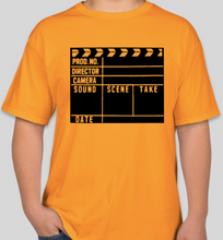 Load image into Gallery viewer, The Popcorn Reel Film Series clapperboard/film slate gold t-shirt