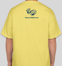 Load image into Gallery viewer, The Popcorn Reel Film Series navy blue logo yellow t-shirt