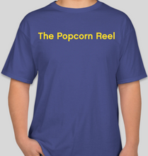 Load image into Gallery viewer, The Popcorn Reel Film Series yellow logo deep royal blue t-shirt
