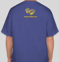 Load image into Gallery viewer, The Popcorn Reel Film Series yellow logo deep royal blue t-shirt