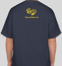 Load image into Gallery viewer, The Popcorn Reel Film Series yellow logo navy t-shirt