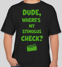 Load image into Gallery viewer, The Politicrat Daily Podcast "Dude, Where's My Stimulus Check?" black unisex t-shirt