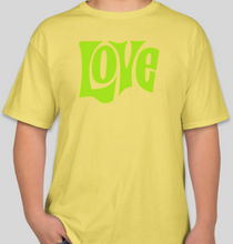 Load image into Gallery viewer, The Politicrat Daily Podcast Love In Retro yellow/vibrant lime unisex t-shirt