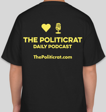 Load image into Gallery viewer, The Politicrat Daily Podcast Love In Retro black/lemon unisex t-shirt