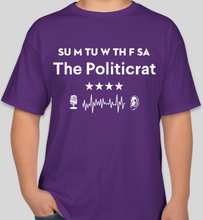Load image into Gallery viewer, Official The Politicrat Daily Podcast Show Shirt (purple/white)