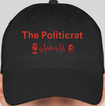 Load image into Gallery viewer, The Politicrat Daily Podcast official embroidered bio-washed baseball hat (black/red)