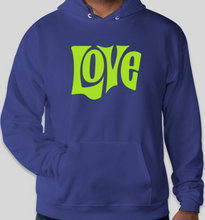 Load image into Gallery viewer, The Politicrat Daily Podcast Love in Retro EcoSmart 50/50 deep royal blue/lime greenPullover Hoodie