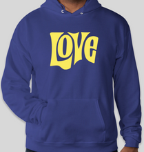 Load image into Gallery viewer, The Politicrat Daily Podcast Love in Retro EcoSmart 50/50 deep royal blue Pullover Hoodie
