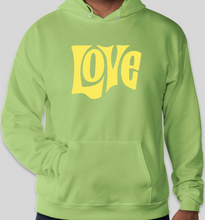 Load image into Gallery viewer, The Politicrat Daily Podcast Love in Retro EcoSmart 50/50 Lime green Pullover Hoodie