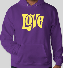 Load image into Gallery viewer, The Politicrat Daily Podcast Love in Retro EcoSmart 50/50 Purple Pullover Hoodie
