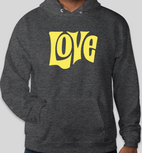 Load image into Gallery viewer, The Politicrat Daily Podcast Love in Retro EcoSmart 50/50 charcoal Pullover Hoodie