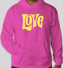 Load image into Gallery viewer, The Politicrat Daily Podcast Love in Retro EcoSmart 50/50 pink Pullover Hoodie