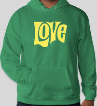 Load image into Gallery viewer, The Politicrat Daily Podcast Love in Retro EcoSmart 50/50 Kelly green Pullover Hoodie
