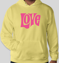 Load image into Gallery viewer, The Politicrat Daily Podcast Love in Retro EcoSmart 50/50 yellow/pink Pullover Hoodie