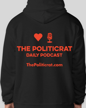 Load image into Gallery viewer, The Politicrat Daily Podcast Love in Retro EcoSmart 50/50 Black/Orange Pullover Hoodie