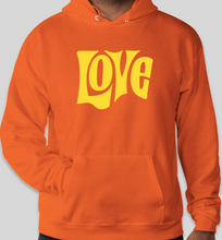 Load image into Gallery viewer, The Politicrat Daily Podcast Love in Retro EcoSmart 50/50 orange/yellow Pullover Hoodie