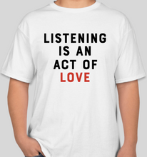 Load image into Gallery viewer, The Politicrat Daily Podcast Listening With Love white unisex t-shirt
