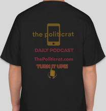 Load image into Gallery viewer, The Politicrat Daily Podcast Electric Soundwave Series black/maroon/old gold unisex t-shirt
