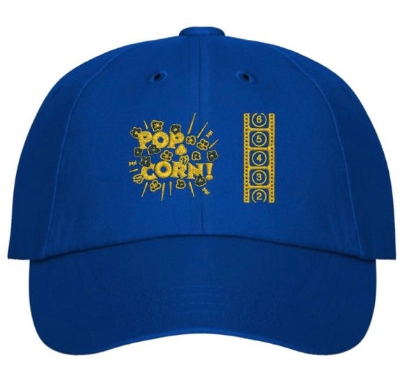 The Popcorn Reel graphic logo embroidered deep royal blue hat at The Politicrat Store
