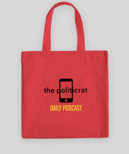 Load image into Gallery viewer, The Politicrat Daily Podcast medium midweight 100% red cotton canvas tote bag
