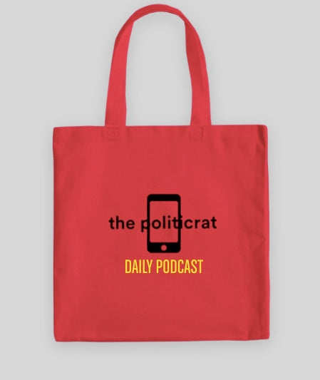 The Politicrat Daily Podcast medium midweight 100% red cotton canvas tote bag