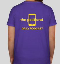 Load image into Gallery viewer, This purple The Politicrat Vote Early! Hanes 100% preshrunk cotton tagless t-shirt for women will have you looking great and sending an important message about the need to vote early this election year. Look sharp and colorful and VOTE EARLY! Purple with yellow print and logo on the back. Available in Large and Medium.
