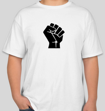 Load image into Gallery viewer, The Politicrat Daily Podcast Black Fist unisex t-shirt in white
