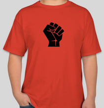 Load image into Gallery viewer, The Politicrat Daily Podcast Black Fist unisex t-shirt in red
