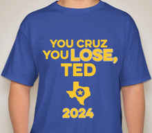 Load image into Gallery viewer, The Politicrat Daily Podcast Cruz Lose blue bell unisex t-shirt
