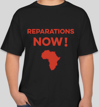 Load image into Gallery viewer, The Politicrat Daily Podcast Reparations Now! black/red unisex t-shirt
