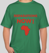 Load image into Gallery viewer, The Politicrat Daily Podcast Reparations Now! green/red unisex t-shirt
