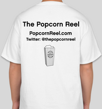 Load image into Gallery viewer, The Popcorn Reel Film Series clapperboard/film slate white t-shirt
