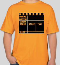 Load image into Gallery viewer, The Popcorn Reel Film Series clapperboard/film slate gold t-shirt
