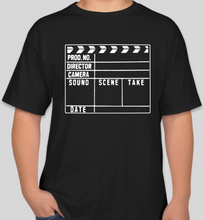 Load image into Gallery viewer, The Popcorn Reel Film Series clapperboard/film slate black t-shirt
