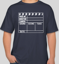 Load image into Gallery viewer, The Popcorn Reel Film Series clapperboard/film slate navy t-shirt
