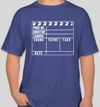 Load image into Gallery viewer, The Popcorn Reel Film Series clapperboard/film slate deep royal blue t-shirt
