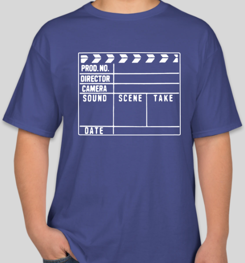 The Popcorn Reel Film Series clapperboard/film slate deep royal blue t-shirt