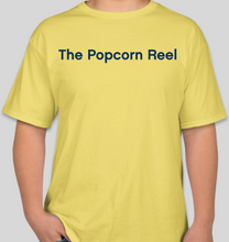 Load image into Gallery viewer, The Popcorn Reel Film Series navy blue logo yellow t-shirt
