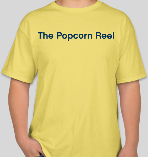 The Popcorn Reel Film Series navy blue logo yellow t-shirt