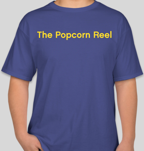 The Popcorn Reel Film Series yellow logo deep royal blue t-shirt